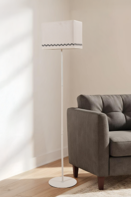 Corner Tulip Serisi Siyah Lale Desenli Dikdörtgen Başlıklı Lambader - Krem Metal Gövde - MARRIEN