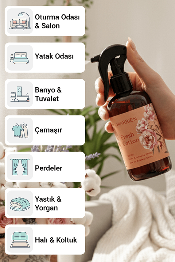 MARRIEN Fresh Cotton Oda ve Çamaşır Spreyi 250 ml- Kalıcı ve Dekoratif | Temizlik ve Ferahlık Kokusu - 3