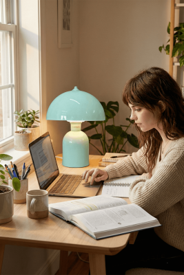 Luna Retro Tasarım Mint Yeşili Metal Gövdeli Abajur 25 cm - Su Yeşili Dekoratif Masa Lambası - 6